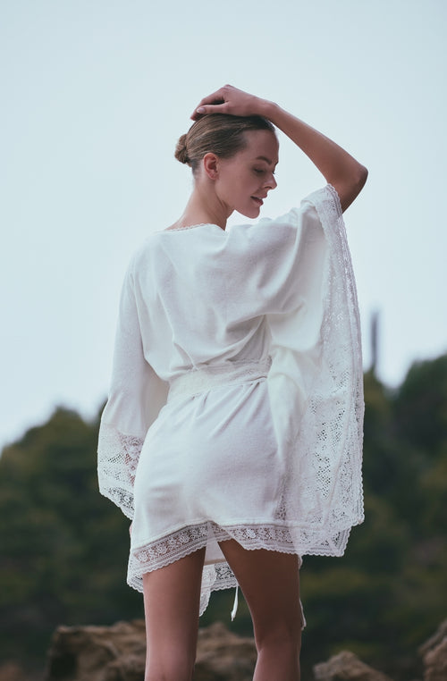 Angèle beach tunic in white cotton fleece and lace - Marjolaine - 2