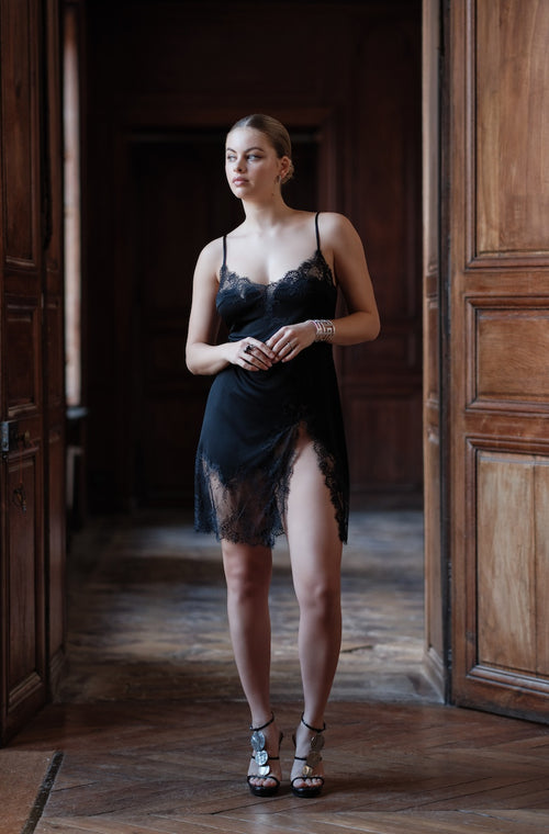 Nightie in black silk knit and lace - Marjolaine - 1