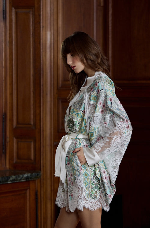 Short kimono in silk and lace - Marjolaine - 3