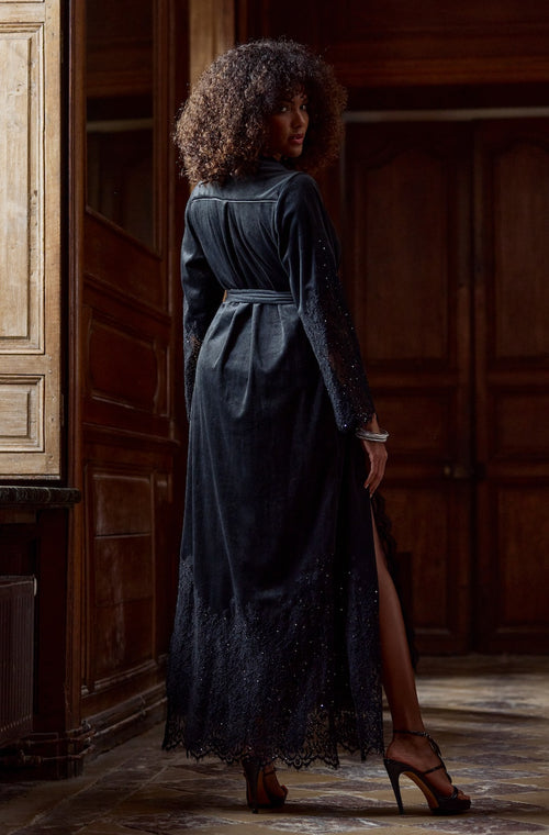 Long black velvet and sequined lace bathrobe - Marjolaine - 3