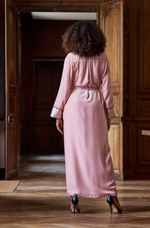 Long bathrobe in pink velvet lined with silk - Marjolaine - 2