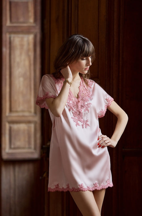 Chemise de nuit courte en satin et broderie - Marjolaine - 3