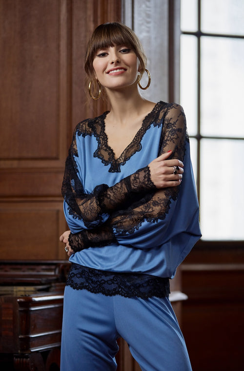 Long sleeve top in blue silk mesh and black lace - Marjolaine - 1