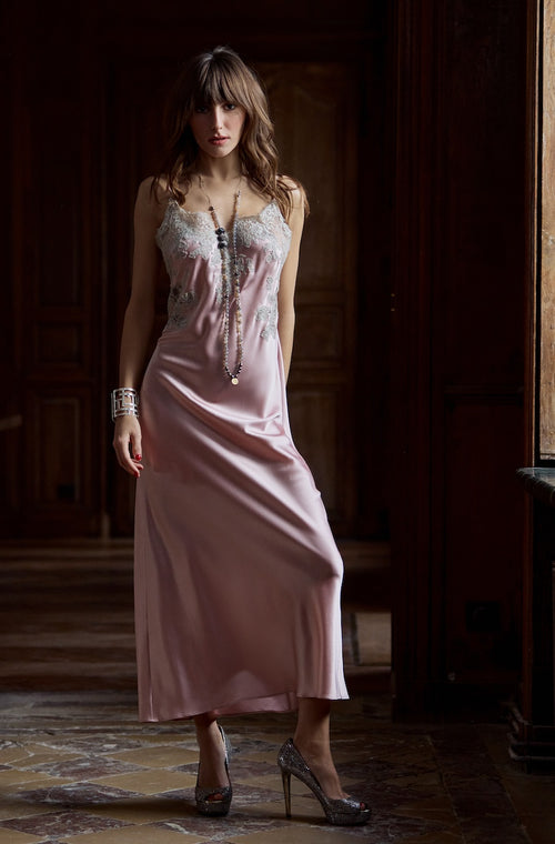 Long babydoll in silk with lace detail at the neckline - Marjolaine - 3