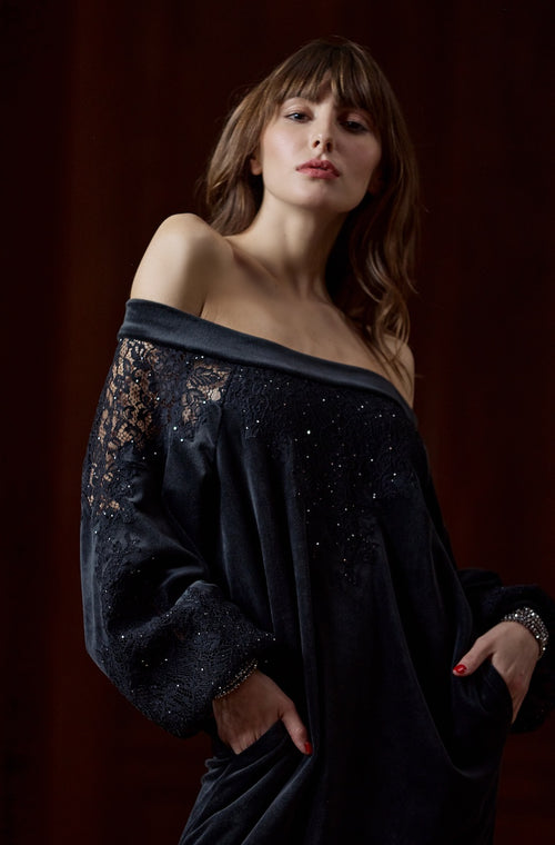 Black velvet off the shoulder maxi dress - Marjolaine - 1