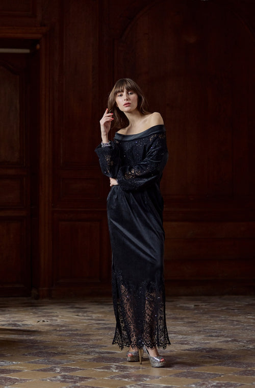 Black velvet off the shoulder maxi dress - Marjolaine - 3