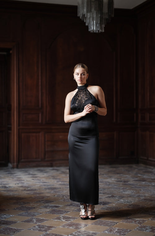 Long dress in black silk and sequined lace - Marjolaine - 1