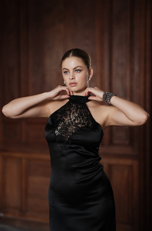 Long dress in black silk and sequined lace - Marjolaine - 3