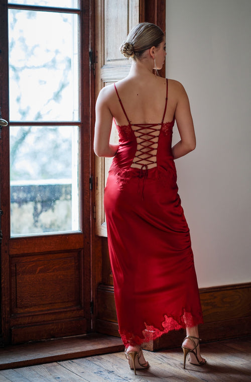 Sexy long nightie in red silk and lace - Marjolaine - 3