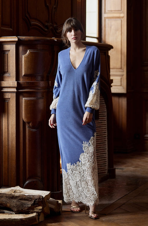 Long nightshirt in blue cotton fleece and beige lace - Marjolaine - 1