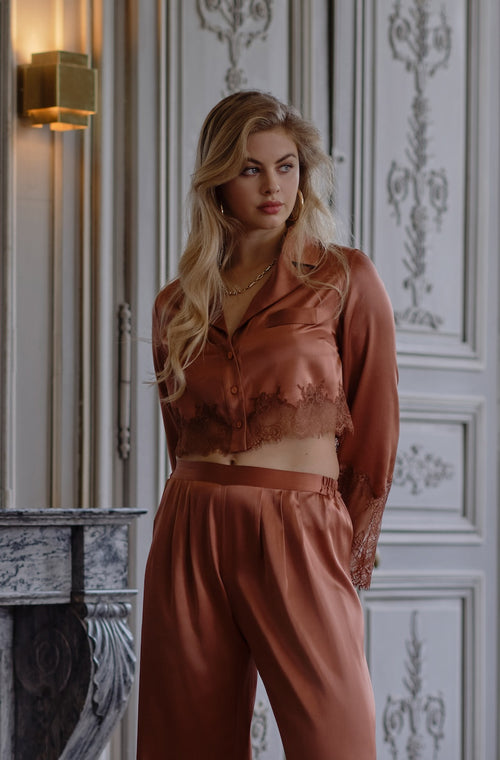 Shirt-style crop top in brown satin and lace - Marjolaine - 1